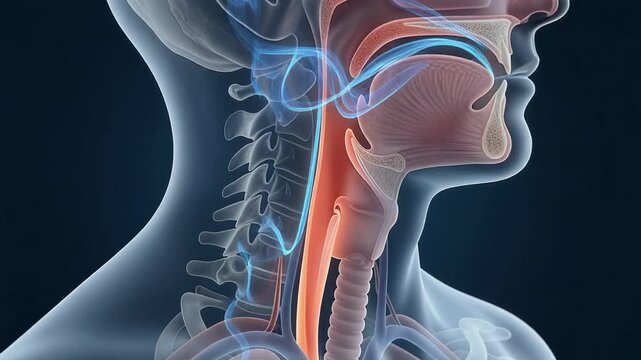 Human throat anatomy shows airflow and swallowing process in four stages