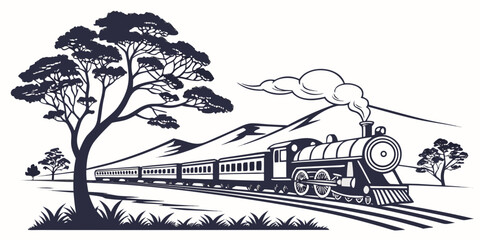 A vintage steam train travels through a picturesque countryside landscape with trees and hills © Sp