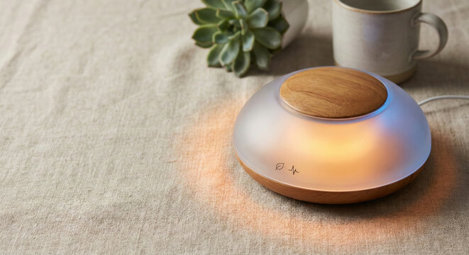 Cozy wellness technology diffuser harmony on linen table with warm ambient light and plant accent in peaceful home decor