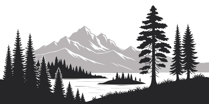 Majestic mountain landscape with serene lake and towering pine trees