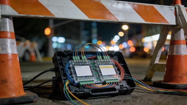 Medium shot capturing a fiber optic splice tray under traffic control cones and barricades emphasizing the cables and labels with blurred city lights beyond