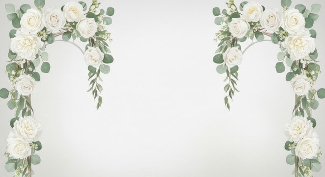 Elegant floral archway design with white roses and greenery against a clean background