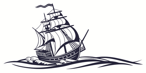 A detailed illustration of a sailing ship on the open sea © Sp