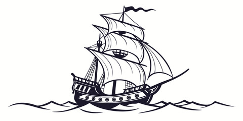 A detailed illustration of a historical sailing ship with multiple masts and sails. © Sp