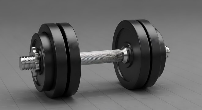 Realistic 3D rendering of a black dumbbell on a grey surface