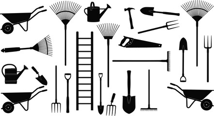 Garden tools silhouette set, farming and landscaping equipment collection, rake shovel wheelbarrow watering can ladder, outdoor work toolkit, agriculture and gardening illustration isolated on white © MstSanoara