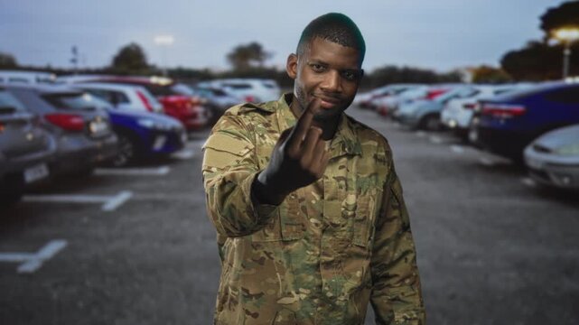 Man soldier in camouflage shows middle finger with bare finger toward camera in street parking lot while smiling and leaning forward; defiance resolve.