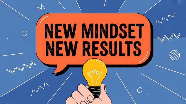 Hand holding lightbulb with New Mindset New Results text on speech bubble, motivation concept