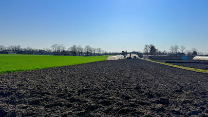 Plowed farmland with distant tractor under clear blue spring sky, conveying rural renewal - suitable for agricultural, editorial, marketing and lifestyle use © fotoworld