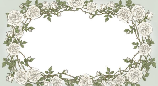 Elegant floral oval frame with white roses and thorns on a soft background