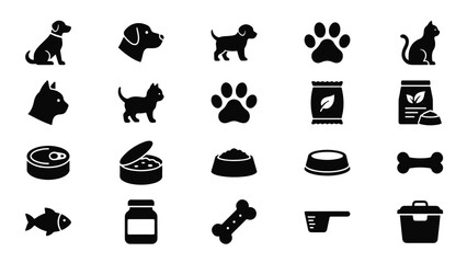 Pet food and care icon set with dog, cat, paw, organic food, bowl, bone, and supplies in silhouette style. © alhajantor