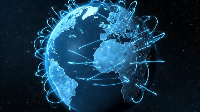 A video showcasing a futuristic globe with connections and networks in a dark space.