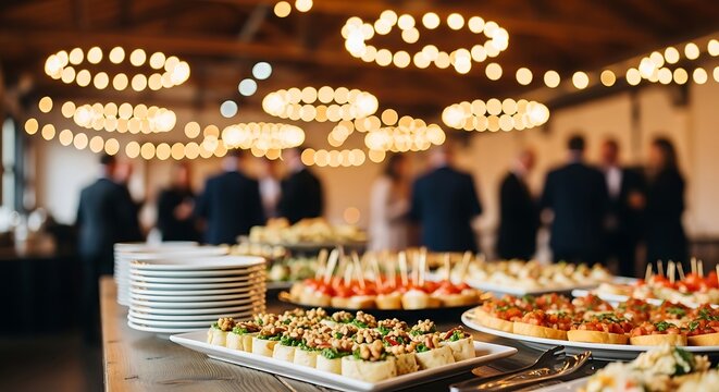 Gourmet appetizers and festive lights at a catered event