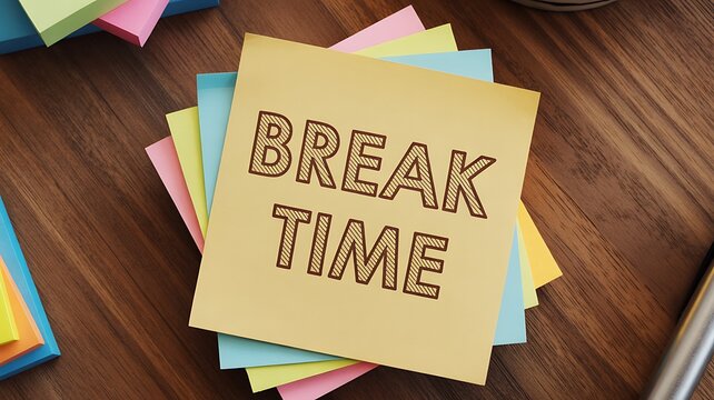 Stack of colorful sticky notes with 'BREAK TIME' on top on wooden desk