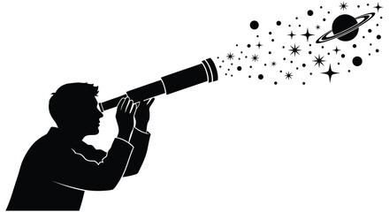 Silhouette of a man looking through a telescope at stars and planets in space © Meem