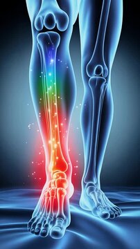 3D medical illustration of human leg and foot with highlighted ankle pain, showing joint inflammation and injury