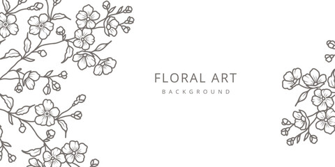 Fototapeta premium Spring floral background with line art of sakura branch, flowers and leaves. Hand drawn frame. Vector illustration for card, banner, print, poster, cover, wedding invitation, packaging 