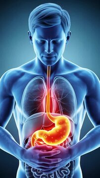 3D medical illustration of human digestive system with highlighted stomach pain showing acid reflux and gastric inflammation