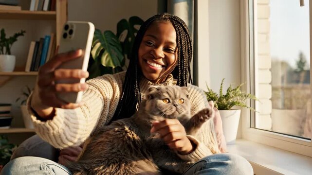 cheerful african american woman taking selfie with scottish fold cat on smartphone. sitting near window in sunlight. cozy home atmosphere. social media blog