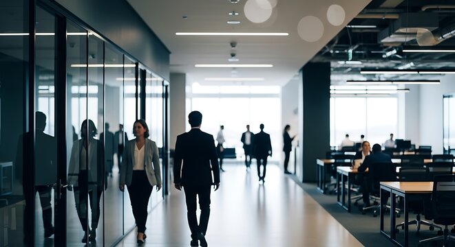 Dynamic movement of business professionals navigating a sleek modern office environment during a busy workday