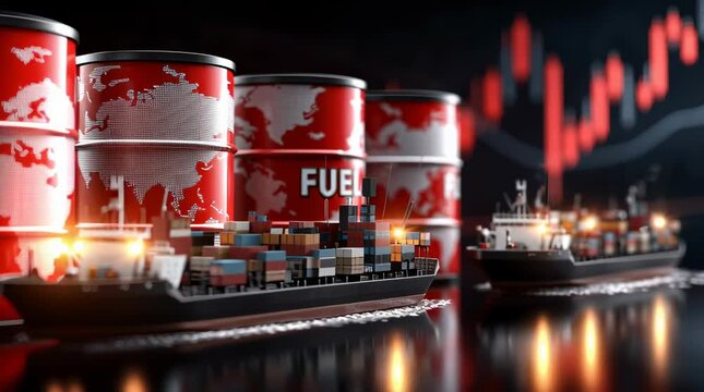global oil price crisis concept, dramatic scene of oil barrels with text Fuel on the barrel, world map in the background highlighting the Middle East region, cargo ships and oil tankers moving across 
