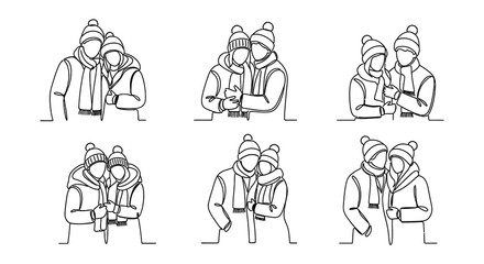 Obraz premium Winter themed line art illustrations depicting people and seasonal elements