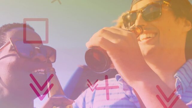 Vertical video: Friends toasting beers while celebrating, causing floating graphics for promo