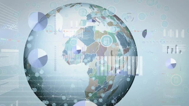 Globe rotating left on load in analytics hub, bars sliding around globe forming aggregated insights