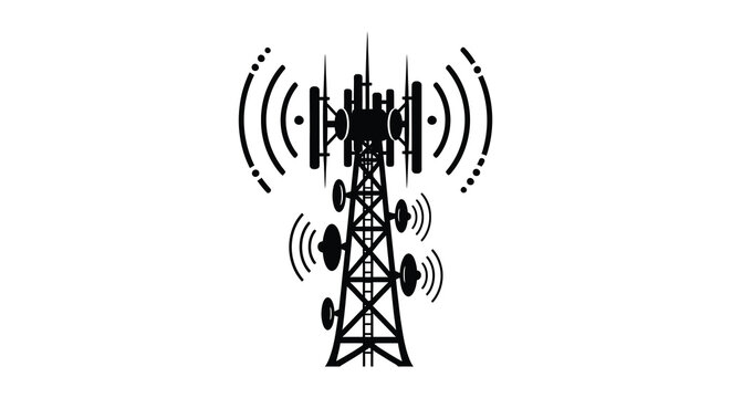 Silhouette of a cellular tower with radio waves emission silhouette