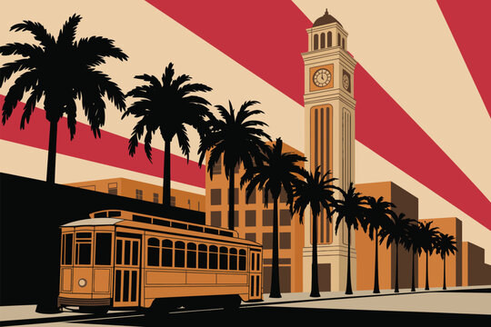 Historic street illustration, retro 1920s-1930s style, Art Deco clock tower, vintage trolley car, palm silhouettes, warm orange and beige tones, bold graphic composition