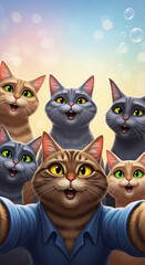 Obraz premium Group of smiling cartoon cats taking a selfie, with various fur and eye colors and a gradient bokeh background, symbolizing friendship, joy, and social connection