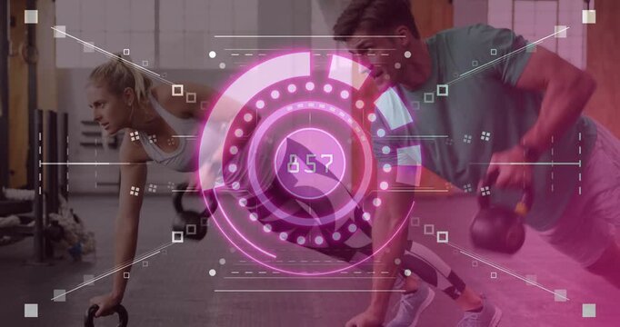 Fitness partners performing alternating kettlebell rows from plank pink HUD appearing tracking reps