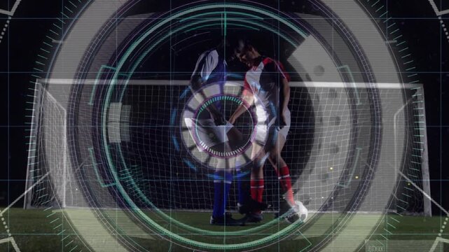 Sports players jostling near goal, HUD tightening on ball, attacker tapping right, creating space