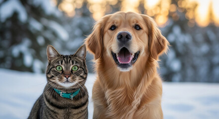 Fototapeta premium Golden retriever dog and tabby cat sit in snowy winter. Bokeh light, symbolizing friendship, companionship, and pet wellness in a serene outdoor setting