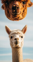 Fototapeta premium Close-up of a white alpaca head with a blurry brown alpaca head from above, against a blue sky. Symbolizing curiosity, with free space for text or business mockup