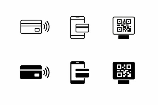 Contactless payment icons: credit card, mobile transaction, qr code technology