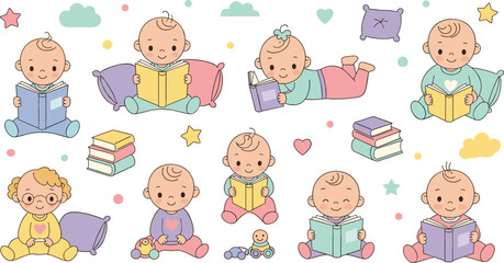 Fototapeta premium Cute Baby Reading Books Collection with Newborn Infants Sitting Lying and Learning with Story Books in Cartoon Vector Illustration Style.