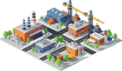 Obraz premium Isometric industrial city factory complex, manufacturing plants with cranes, warehouses and roads, logistics and production infrastructure, urban 