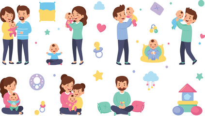Fototapeta premium Happy Parents with Baby Collection Showing Mother and Father Caring Playing and Bonding with Newborn Infant in Cartoon Vector Illustration Style.
