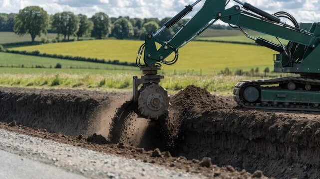 Medium shot of construction vehicle trenching roadside easement on farmland sharp focus on trench depth and machinerys action with distant trees and fields softly blurred.