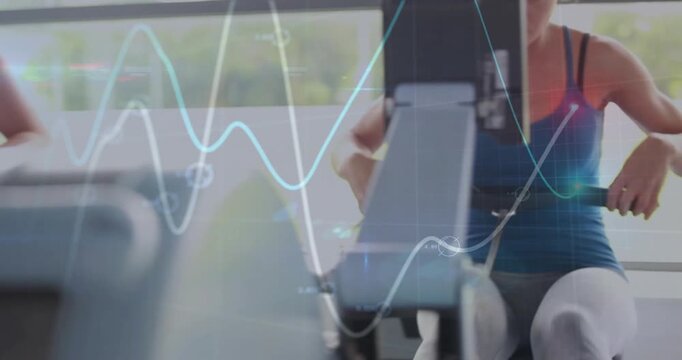 Vertical video: Woman pulling rower handle, starting waveform overlay syncing to stroke for fitness