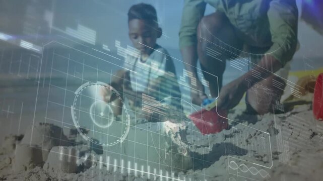 Dad and child building sand turrets on beach, pouring sand into molds for education HUD guiding