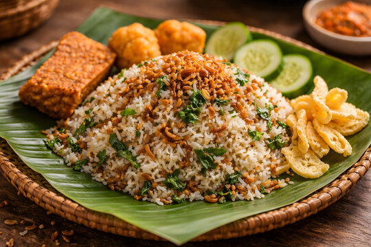 Indonesian Nasi Ulam with Herbs Coconut and Traditional Side Dishes on Banana Leaf