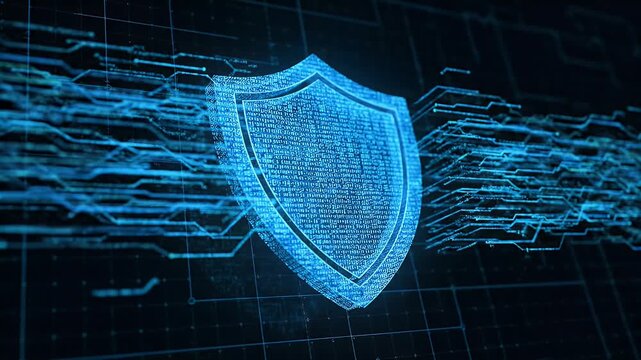 A blue shield with digital lines flowing around it represents cybersecurity in a futuristic video.