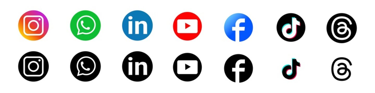Social media icons. Social network logos collection. Instagram, Facebook, YouTube, WhatsApp, LinkedIn, TikTok, Threads.