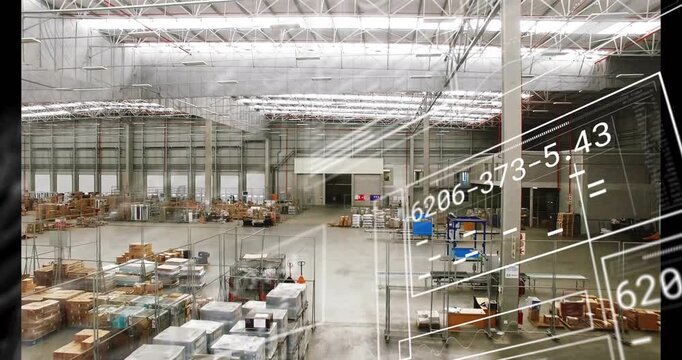 Vertical video: Overhead view panning right, overlays sliding over pallets for warehouse inventory