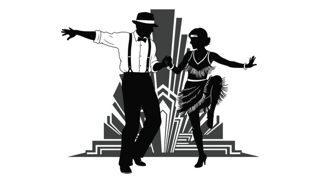 A vintage couple dancing in a black silhouette illustration style