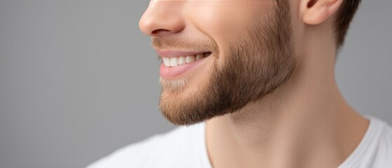 Obraz premium Close-up portrait of a smiling man with a short beard wearing a white t-shirt taken in a studio setting