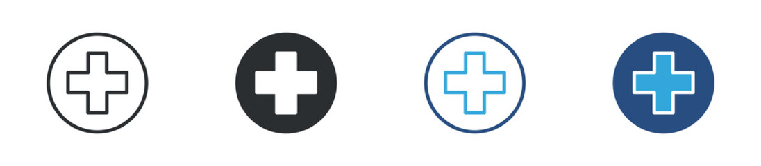 Fototapeta premium Medical cross icon set. Healthcare symbol in circle, hospital and emergency service concept. Vector illustration.