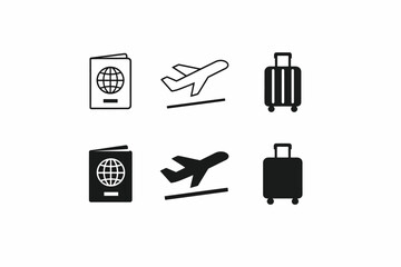 Icon set of passport, airplane, and suitcase for travel essentials